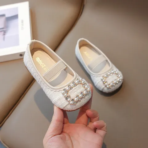 Girls Mary Jane Princess Shoes Tweed Pearl Rhinestone Buckle Elastic Strap Breathable Low Cut Kids Wedding Party Dress Shoes