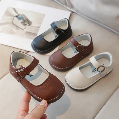 Girls Mary Jane Shoes Vintage PU Leather Round Toe Buckle Shoes Contrast Stitching Non-Slip Soft Sole Casual Princess Flat Shoes