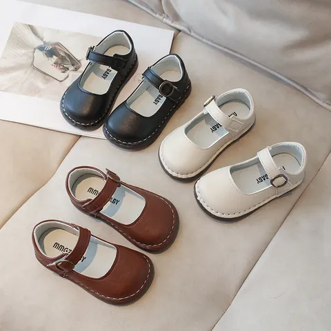 Girls Mary Jane Shoes Vintage PU Leather Round Toe Buckle Shoes Contrast Stitching Non-Slip Soft Sole Casual Princess Flat Shoes