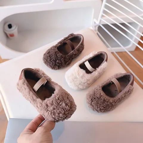 Kids Faux Sheep Wool Mary Jane Shoes Warm Plush Winter Toddler Baby Slip On Casual Flats Non Slip Soft Sole Shoes