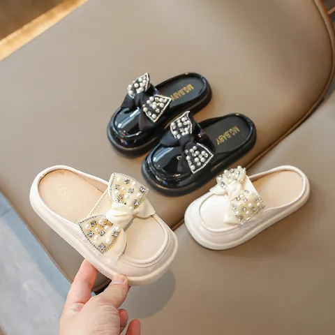 Girls Sweet Princess Bow Mules Patent Leather Artificial Pearls Rhinestones Slip On Closed Toe Slippers Party Wedding Casual Footwear