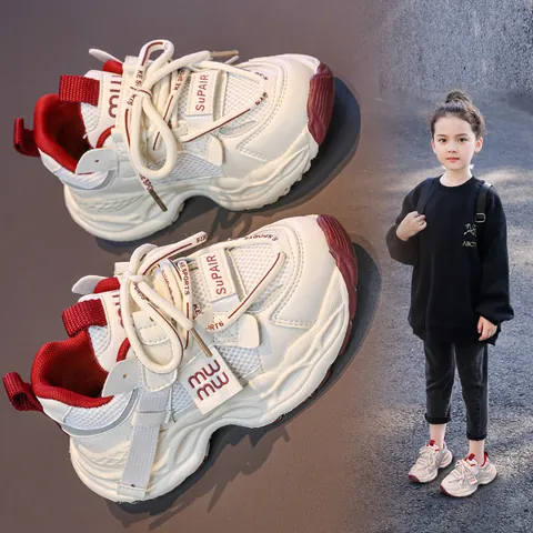 Children's Casual Dad Shoes Breathable Mesh Faux Leather Sports Sneakers With Velcro For Boys Girls Spring Autumn