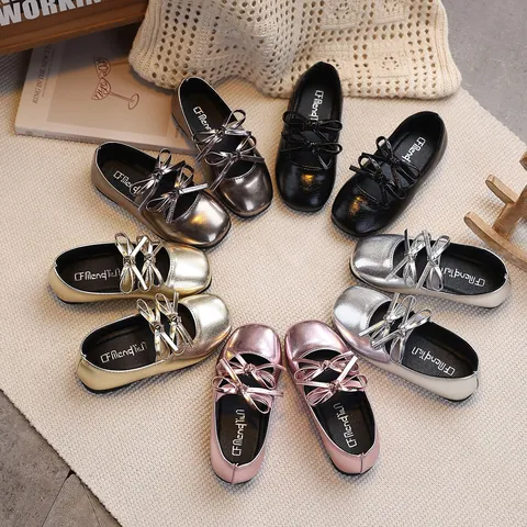 Girls Mary Jane Shoes Bowknot Metallic Patent Leather Princess Wedding Party Flat Shoes For Toddler Kids Spring Autumn