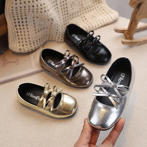 Girls Mary Jane Shoes Bowknot Metallic Patent Leather Princess Wedding Party Flat Shoes For Toddler Kids Spring Autumn