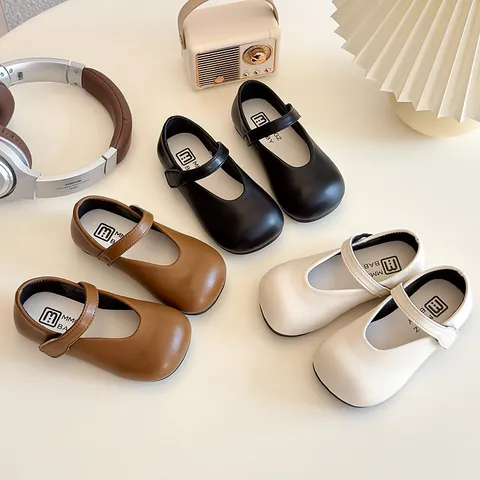 Girls Mary Jane Shoes PU Leather Bowknot Hook-And-Loop Princess Flat Single Shoes For School Party Kids Footwear