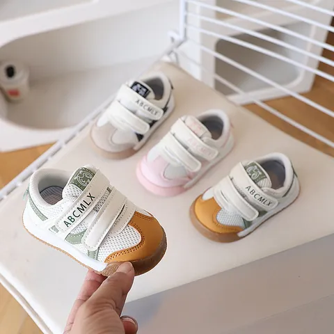 Baby First Walkers Sneakers Breathable Mesh Microfiber Leather Toddler Shoes With Velcro Anti Slip Rubber Sole For Infants