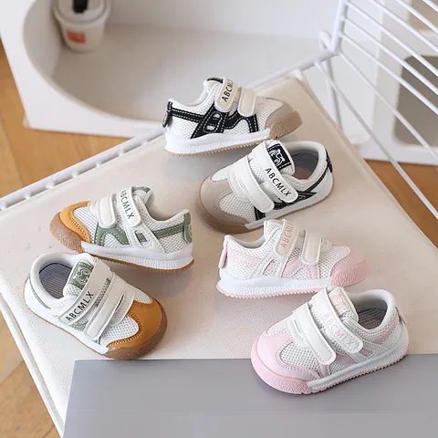 Baby First Walkers Sneakers Breathable Mesh Microfiber Leather Toddler Shoes With Velcro Anti Slip Rubber Sole For Infants