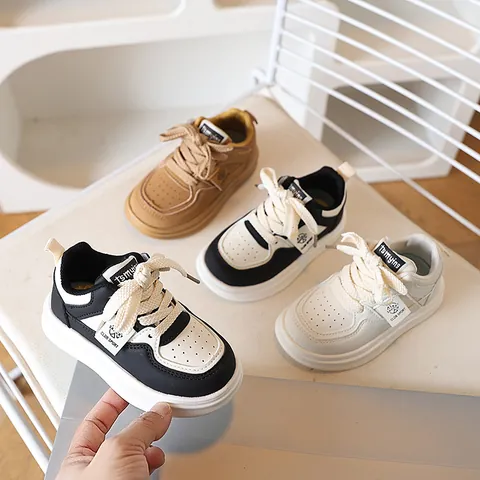 Kids Casual Sneakers PU Leather Thick Sole Anti Slip Board Shoes For Toddler Little Girls Boys White Black Brown Running Shoes