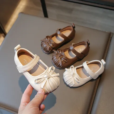 Girls Mary Jane Shoes Bowknot Pleated Toe Toddler Princess Shoes Soft Sole Non-Slip PU Leather Flats For School Wedding Party