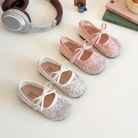 Girls Lace Bow Mary Jane Shoes Soft Sole Breathable Princess Wedding Party Flat Shoes For Toddler Little Kids