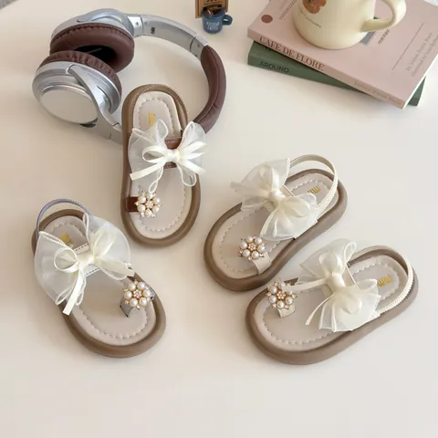 Girls Bow Princess Sandals Summer Toddler Kids Sweet Mesh Artificial Pearl Flower Elastic Strap Flat Walking Shoes