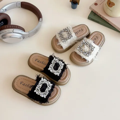Kids Girls Fashion Slides With Square Rhinestone Buckle Frayed Edge Summer Casual Beach Slippers Flat Non Slip Outdoor Shoes