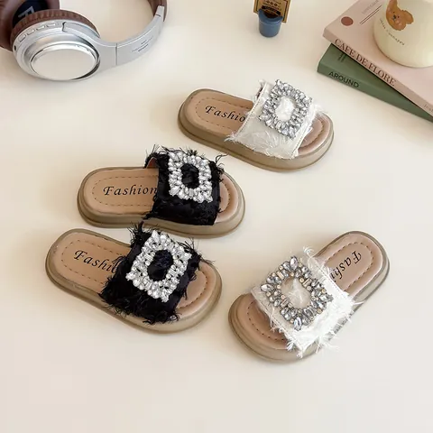Kids Girls Fashion Slides With Square Rhinestone Buckle Frayed Edge Summer Casual Beach Slippers Flat Non Slip Outdoor Shoes