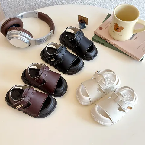 Fashion Kids Closed Toe Sandals Faux Leather Summer Beach Shoes With Hook And Loop Closure For Toddlers Boys Girls