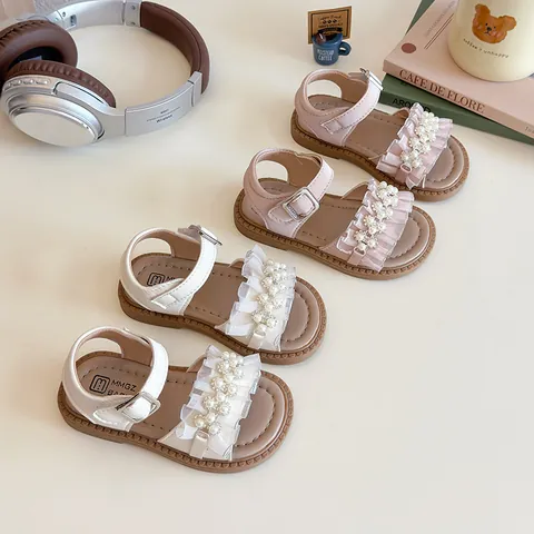 Sandales de Princesse pour Filles Künstliche Perle Dentelle Volants Chaussures d'Été Douces Semelle Antidérapante Sandales Plates Enfant