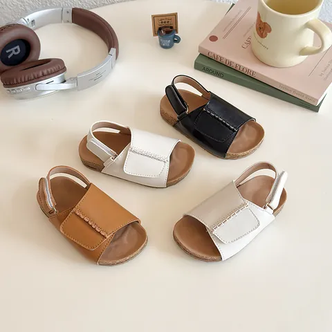 Toddler Kids Summer Sandals Open Toe Casual Beach Shoes Artificial Leather Hook And Loop Solid Color For Boys Girls