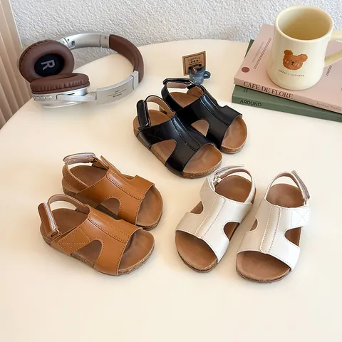 Kids Birkenstock Style Sandals Summer New Boys Girls Non-Slip Soft Sole Beach Shoes Toddler Open Toe Velcro Cork Texture Sandals