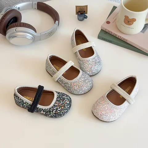Girls Mary Jane Shoes Toddler Kids Sequined Glitter Princess Party Shoes Soft Sole Elastic Ruffle Strap Dress Shoes For Little Girls