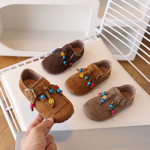 Girls Bohemian Suede Shoes Tassel Colorful Beads Smiley Face Casual Flat Toddler Kids Slip On Shoes Fall Spring Footwear