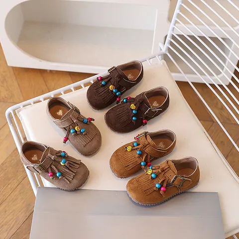 Girls Bohemian Suede Shoes Tassel Colorful Beads Smiley Face Casual Flat Toddler Kids Slip On Shoes Fall Spring Footwear