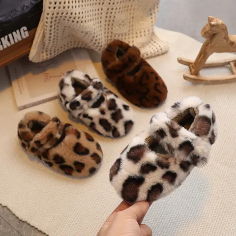Zapatos Mary Jane de Peluche con Estampado de Leopardo para Niños Pequeños Cálidos Antideslizantes Suela Blanda Beige Caqui