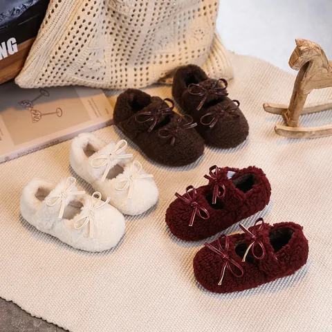 Girls Sherpa Plush Mary Jane Shoes With Double Bowknot Warm Fleece Lined Toddler Kids Anti-Slip Rubber Sole Cotton Shoes