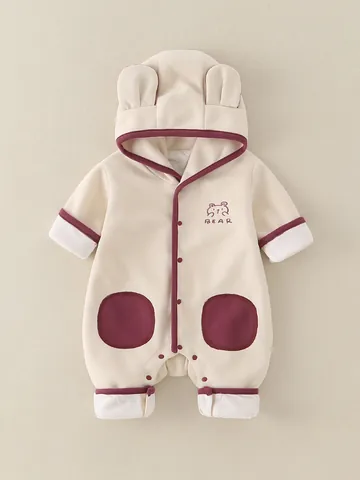 Infant Hooded Romper Bear Ears Fleece Onesie Long Sleeve Jumpsuit For Baby Boys Girls Casual Warm Autumn Winter Clothes