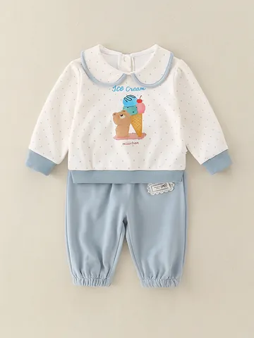 Ensemble Deux Pièces pour Petites Filles en Coton Doux Printemps Automne avec Col Claudine Imprimé Ours Glace et Pois Haut et Pantalon