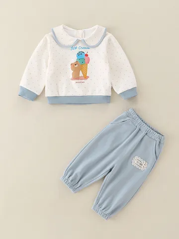Ensemble Deux Pièces pour Petites Filles en Coton Doux Printemps Automne avec Col Claudine Imprimé Ours Glace et Pois Haut et Pantalon