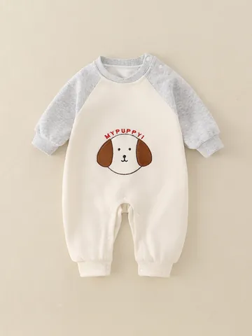 Pagliaccetto Neonato Manica Lunga Stile Coreano Ricamo Cane Cartone Animato Cotone Patchwork Tuta Casual Abbigliamento Neonato