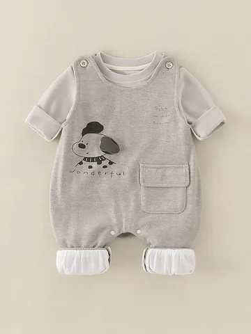 Baby Jungen Koreanischer Stil Zweiteiler Cartoon Hund Druck Grau Langarm Top Und Hosenträger Overall Kleinkind Herbst Outfit