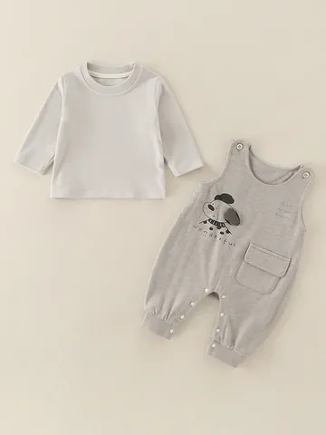 Baby Jungen Koreanischer Stil Zweiteiler Cartoon Hund Druck Grau Langarm Top Und Hosenträger Overall Kleinkind Herbst Outfit