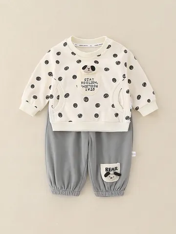 Säugling Baby Junge Cartoon Punktmuster Sweatshirt Und Hose Outfit Langarm Baumwollmischung Frühling Herbst Kleidung