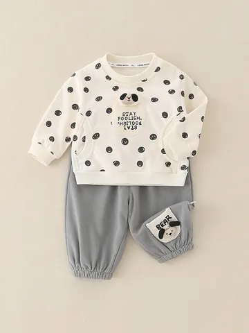 Säugling Baby Junge Cartoon Punktmuster Sweatshirt Und Hose Outfit Langarm Baumwollmischung Frühling Herbst Kleidung