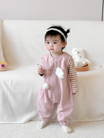 Set Abbigliamento Neonato Bambina T-shirt Rosa a Righe Manica Lunga E Salopette Con Coniglio in Cotone Morbido Primavera Autunno