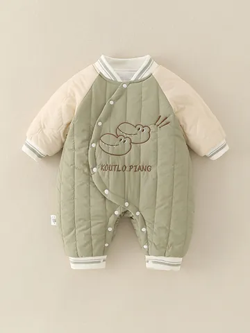 Baby Boy Winter Quilted Romper Warm Dinosaur Embroidery Long Sleeve Jumpsuit Infant Contrast Color Outwear Clothing