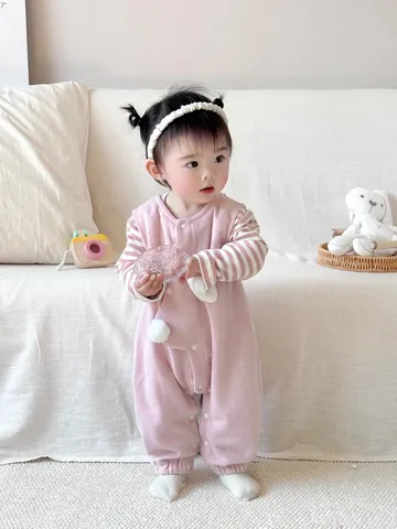 Set Abbigliamento Neonato Bambina T-shirt Rosa a Righe Manica Lunga E Salopette Con Coniglio in Cotone Morbido Primavera Autunno