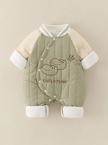 Baby Boy Winter Quilted Romper Warm Dinosaur Embroidery Long Sleeve Jumpsuit Infant Contrast Color Outwear Clothing