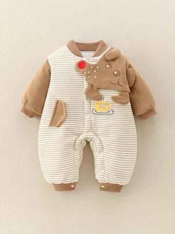Infant Baby Boy Long Sleeve Romper Striped Cartoon Dog Thickened Polyester Jumpsuit For Newborn Toddler Clothes