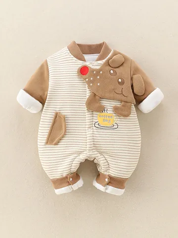 Infant Baby Boy Long Sleeve Romper Striped Cartoon Dog Thickened Polyester Jumpsuit For Newborn Toddler Clothes
