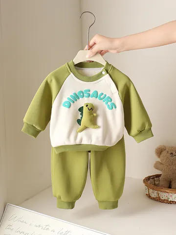 Infant Toddler Boys Casual Korean Outfit Cartoon Dinosaur Applique Long Sleeve Sweatshirt Cuffed Pants Warm Fleece Lined Autumn Winter Apparel