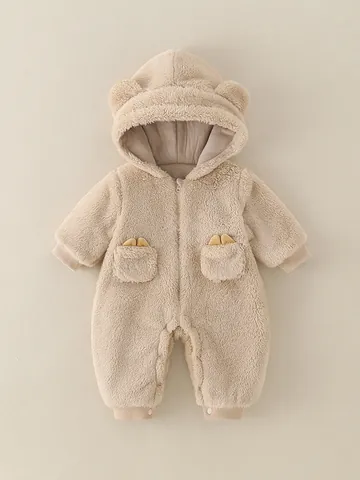 Baby Jongen Berenoren Capuchon Romper Winter Dikke Fleece Kruippakje Lange Mouw Rits Jumpsuit Zachte Warme Kleding