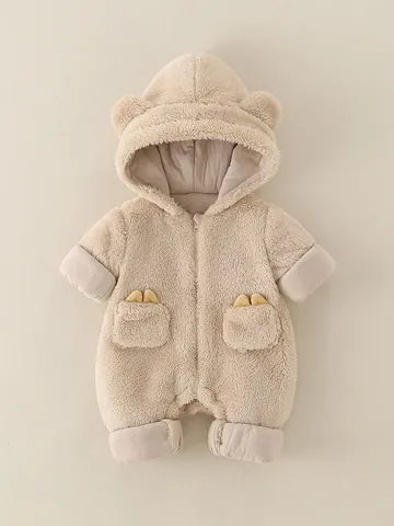 Baby Jongen Berenoren Capuchon Romper Winter Dikke Fleece Kruippakje Lange Mouw Rits Jumpsuit Zachte Warme Kleding