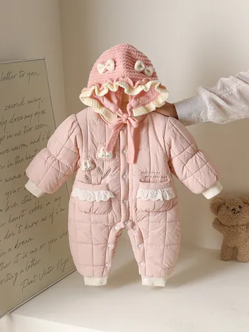 Baby Mädchen Gesteppter Strampler Süßes Rosa Baumwollwattierter Langarm Jumpsuit Mit Passender Mütze Prinzessin Kleidung Für Herbst Winter