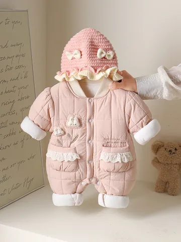 Baby Mädchen Gesteppter Strampler Süßes Rosa Baumwollwattierter Langarm Jumpsuit Mit Passender Mütze Prinzessin Kleidung Für Herbst Winter