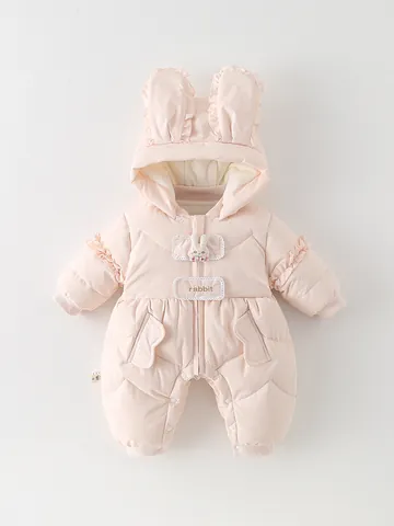 Baby Hooded Snowsuit Quilted White Duck Down Romper With Rabbit Ears Ruffles Winter Warm Infant Padded Jumpsuit