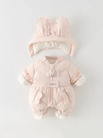 Baby Hooded Snowsuit Quilted White Duck Down Romper With Rabbit Ears Ruffles Winter Warm Infant Padded Jumpsuit