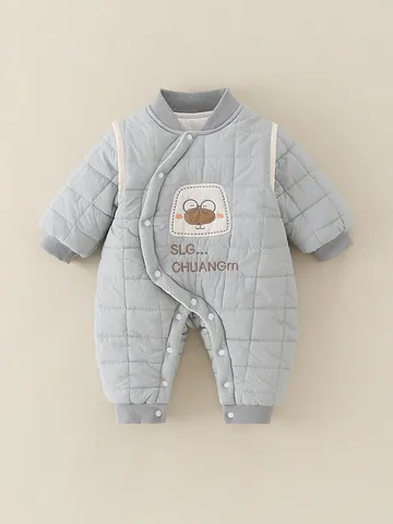 Baby Boy Autumn Winter Padded Quilted Romper Cartoon Bear Embroidered Long Sleeve Jumpsuit Warm Fleece Infant Crawler Outfit