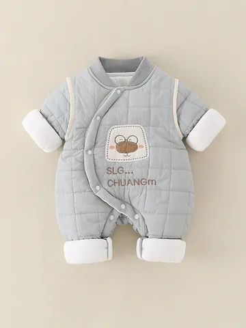 Baby Boy Autumn Winter Padded Quilted Romper Cartoon Bear Embroidered Long Sleeve Jumpsuit Warm Fleece Infant Crawler Outfit