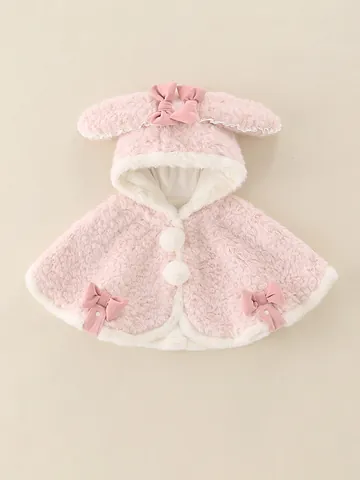 Toddler Girls Winter Plush Hooded Cloak Rabbit Ear Bowknot Faux Fur Thick Warm Cape For Baby Autumn Outing Pink Outerwear